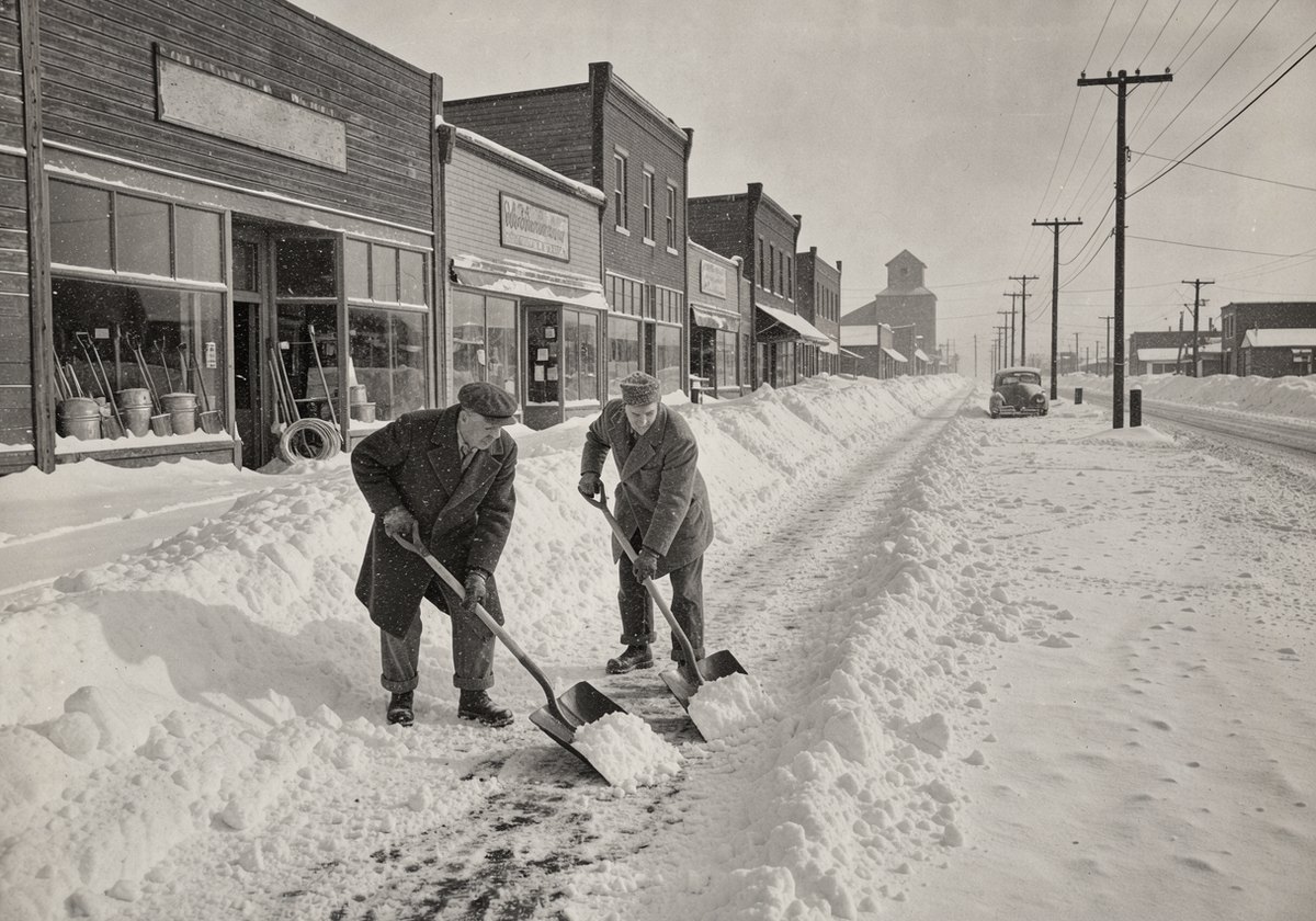 Main Street buried in snow after the storm, drifts reaching the store windows and two men with shovels in front of the hardware store.