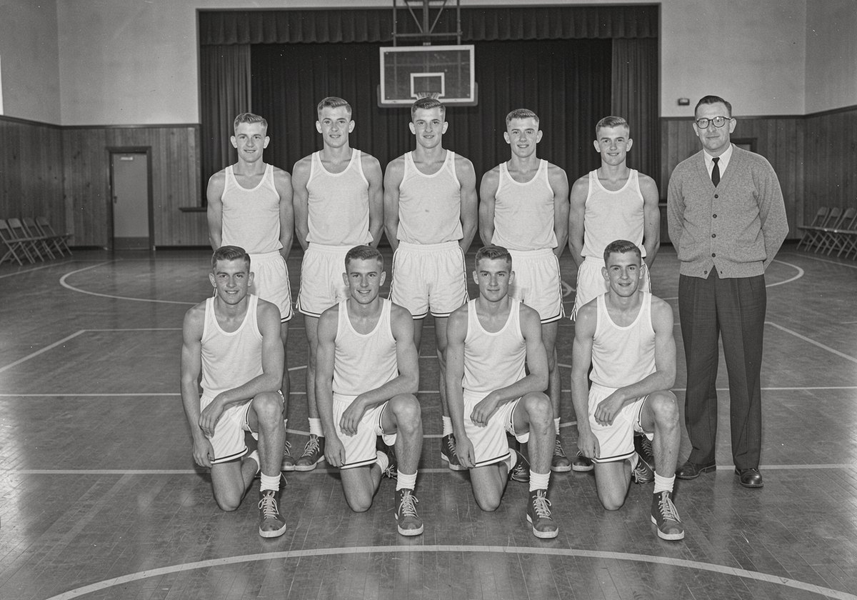 The Ellery Eagles basketball team of nine boys in their uniforms, kneeling and standing in two rows in the gymnasium, their coach at one end.