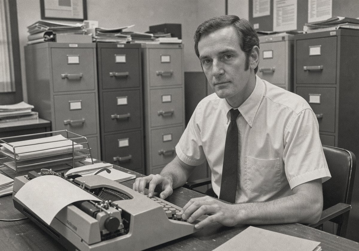 Len Voss seated at a desk in the clerk's office, typing on an electric typewriter, with filing cabinets behind him.