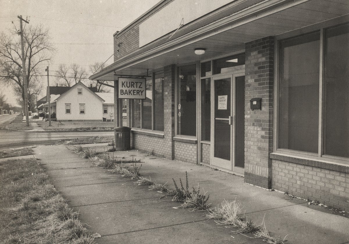 The front of Kurtz Bakery on Main Street, its window empty and a hand-lettered sign taped inside the door.