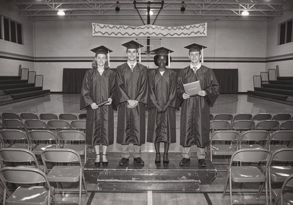 Four graduates in caps and gowns standing on the gymnasium stage under a banner, with folding chairs in front of them.