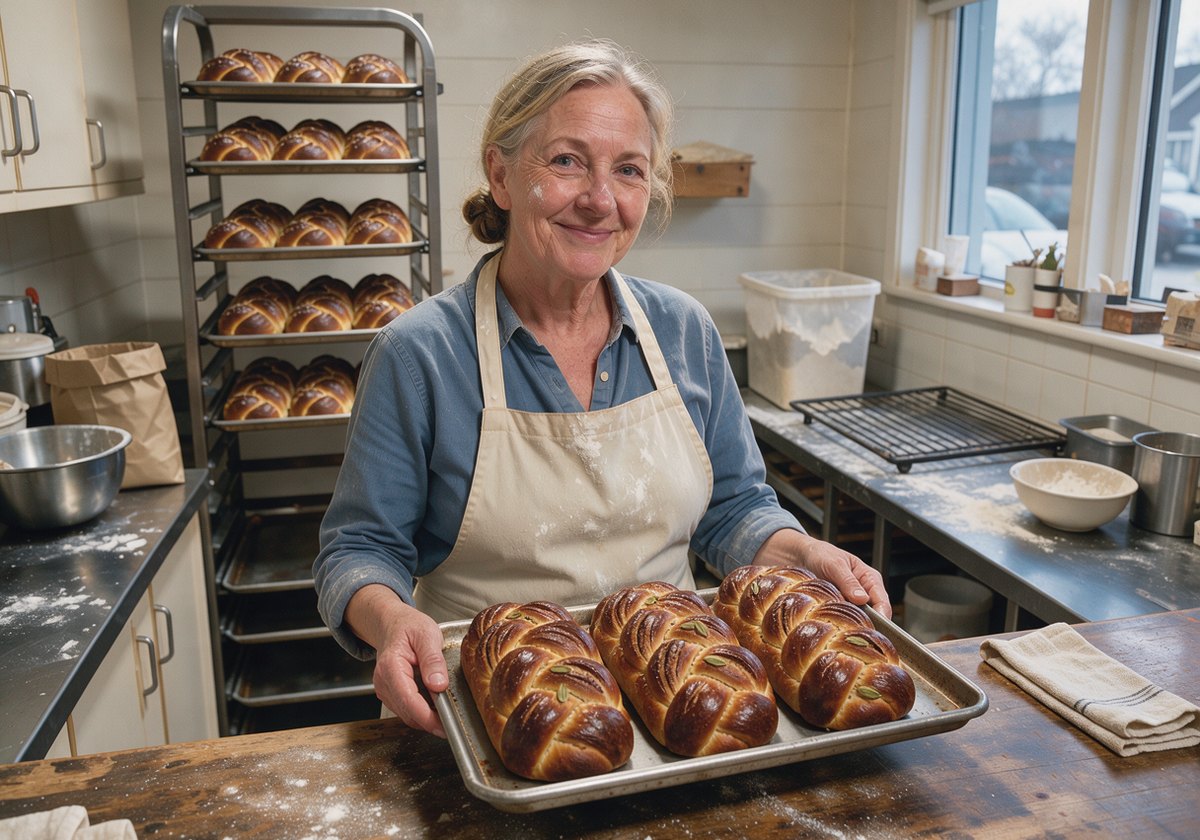 Nell Kurtz behind the counter of Kurtz Bakery in a flour-dusted apron, holding a tray of cardamom bread.